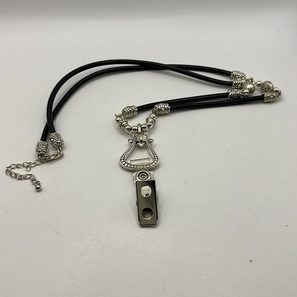 ID Badge Silver Tone and Black Cord Necklace with Ornate Metalwork - Picture 11 of 11